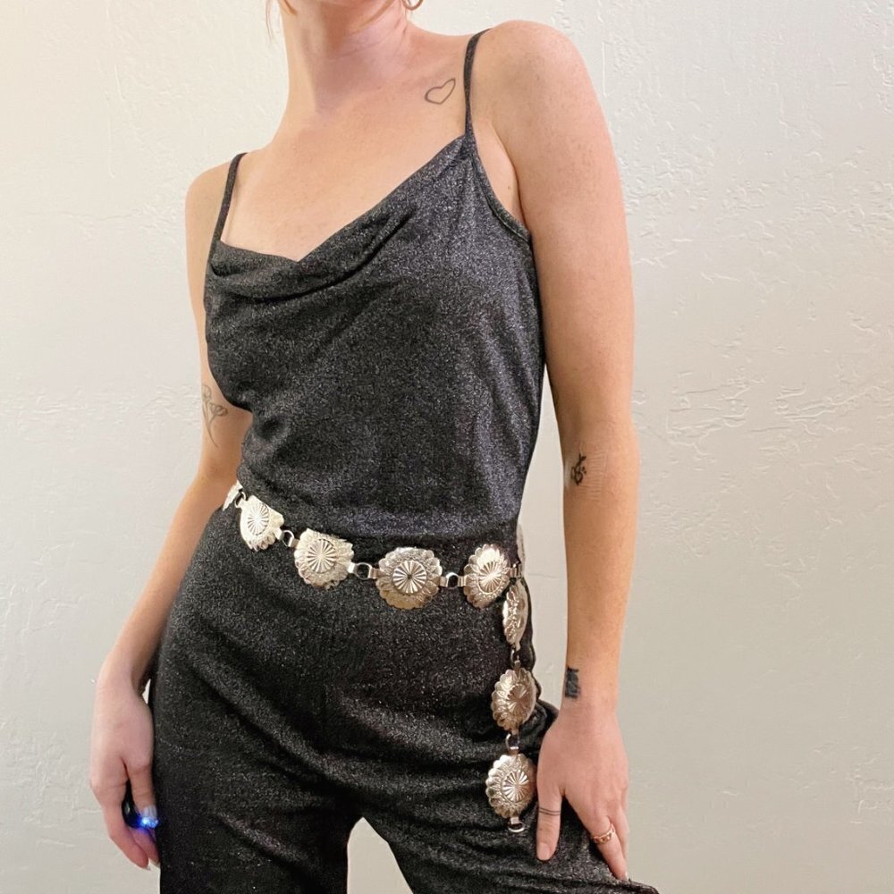 Vintage 1990s Gray Silver Sparkle Cowl Neck Jumpsuit